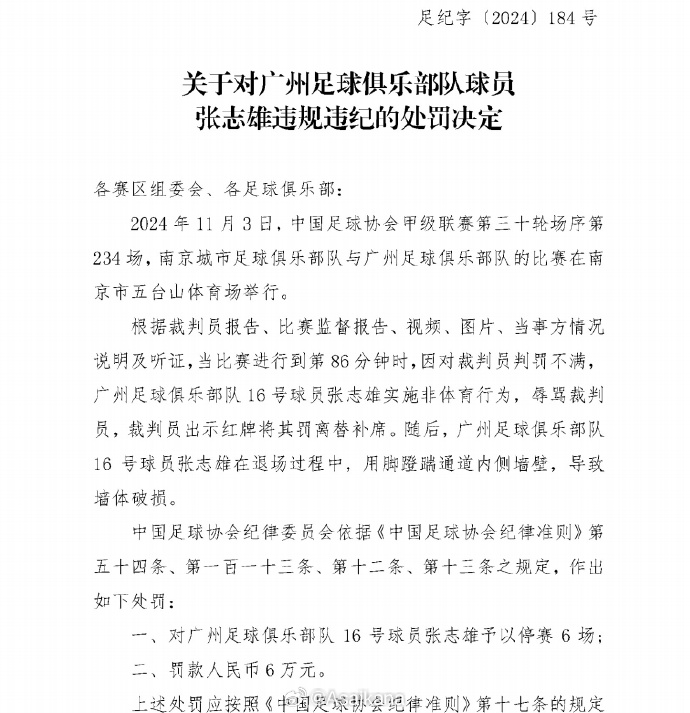 刘浪舟、张志雄1场自然停赛自动消除，6场停赛将跨赛季跨赛事执行